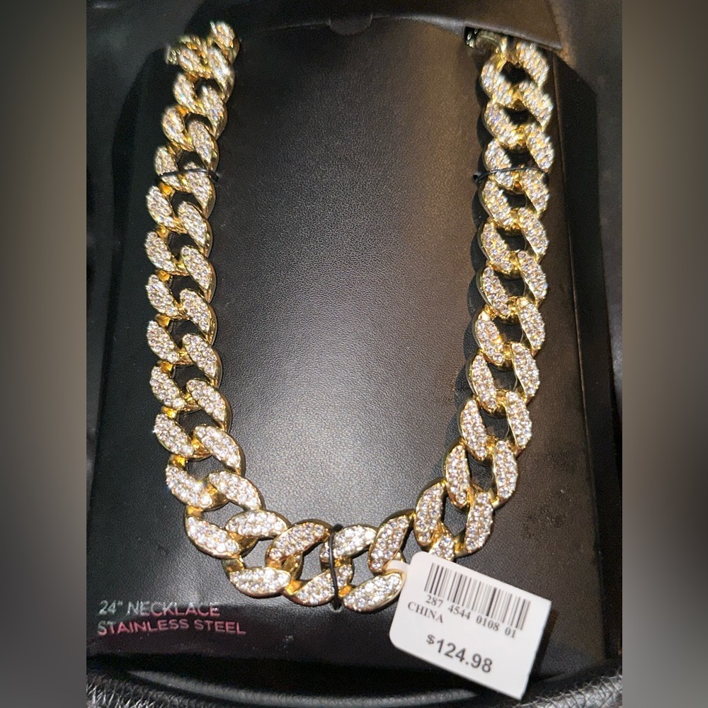 Gold stainless steel cubic zirconia men’s chain NWT